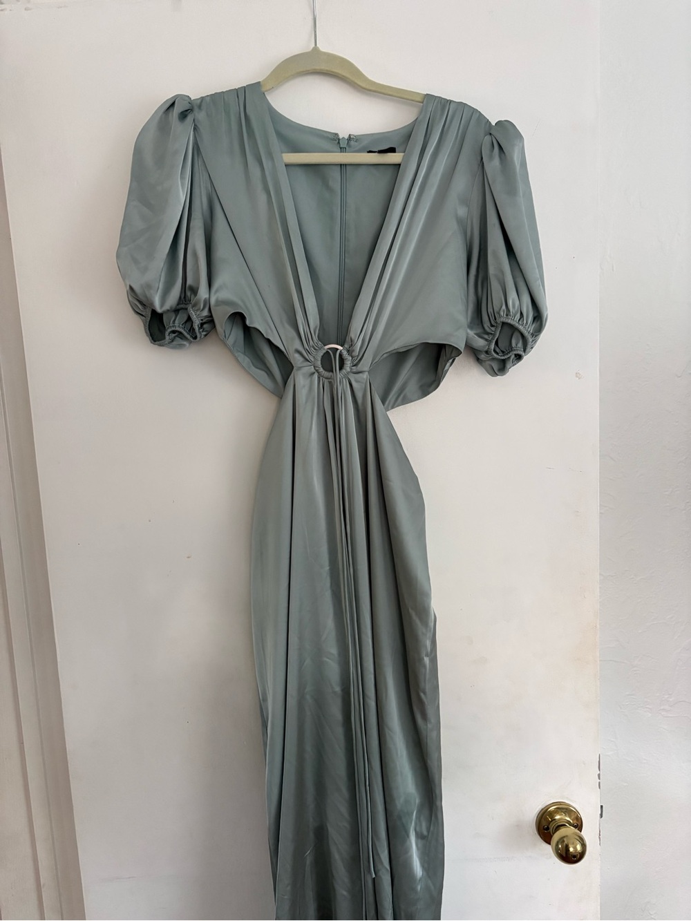 Express Satin V-Neck Puff Sleeve Tie Front Cutout Maxi Dress - sage blue gray